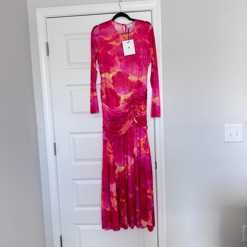 NWT Yllw The Label‎ Olivia Dress Maxi Sheer Floral Ruched Pink Size XL